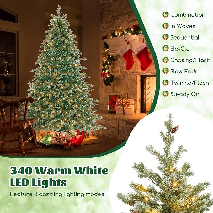 GOFLAME 7FT Pre-Lit Christmas Tree, Artificial Xmas Tree with 846 Branch Tips, 69 Pine Cones, 340 Warm White LED Lights, 8 Lighting Modes, Holiday Decoration Tree for Home, Shop & Office