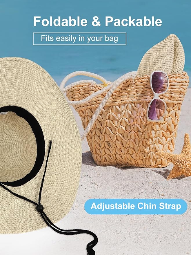 Senker Fashion Sun Hats for Women, Wind Lanyard Wide Brim Straw Hat for Summer Beach Garden Vacation Foldable UPF 50+