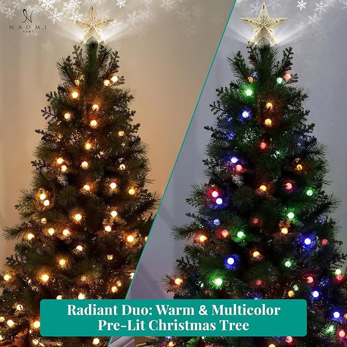 Evangeline 7.5ft Rotating Christmas Tree with Star Projector, 1504 Branch Tips, 500 Warm Lights and Rotating Base, 53" Wide Realistic Traditional Christmas Tree with Lights by Naomi Home