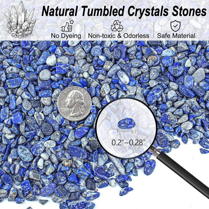 0.88 Lb Lapis Lazuli Crushed Stones Aquarium Gravel Rocks Bulk, Natural Healing Reiki Crystals Stones Chips Polished Tumbled Quartz Rock for Garden|Vase Filler|Fish Turtle Tank Decorations