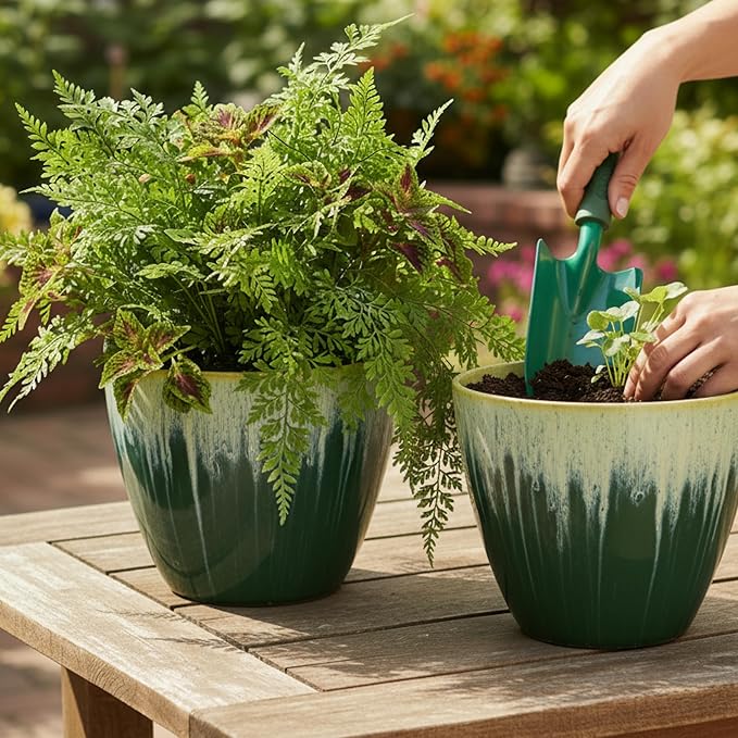 8 inch Plant Pots with Drainage Holes, Pack of 4 Plastic Flower Pots Indoor, Modern Glossy Finishing Planter for Indoor Outdoor Plants (Green Glaze, 4 Pack)