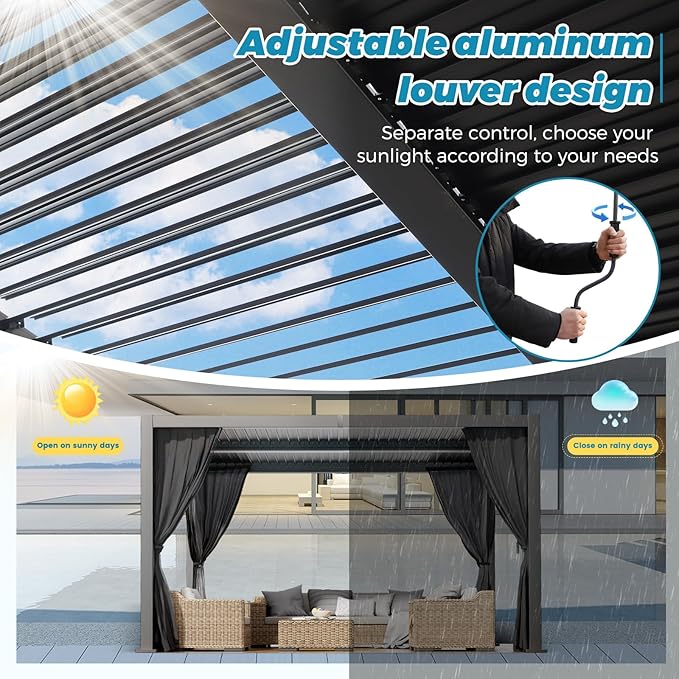 LVUYOYO Outdoor Louvered Pergola 10' x 13', Aluminum Pergola with Adjustable Roof, Waterproof Metal Gazebo with Curtains and Netting for Patio, Backyard, Garden, Deck (Black)