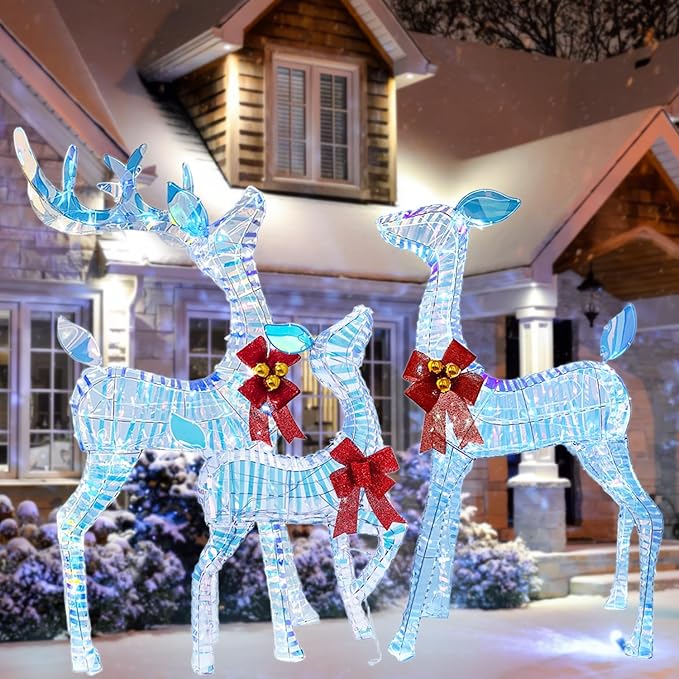50" Outdoor Lighted Iridescent Reindeer Christmas Decorations, 3-Piece Reindeer Family Set with 210 LEDs, Ground Stakes, Durable Weatherproof Metal Frame for Yard, Garden, Indoor Holiday Decor