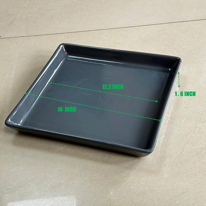 Square Plant Saucer 14 Inch 1 Pack，Plant Trays for Pots, Gray Ceramic Plant Saucers for Indoors Outdoors, Plant Drip Tray 4 6 8 10 12 14 Inch