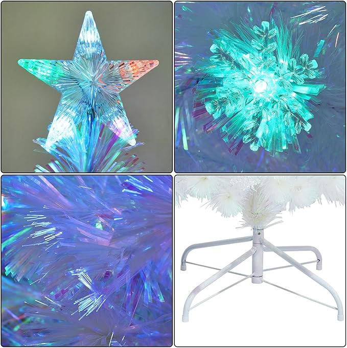 Juegoal 6ft Pre-Lit Artificial Christmas Tree, Lighted Optical Fiber Xmas Trees with Color Changing LED Lights, Snowflakes & Top Star, Party Home Holiday Fake Multicolored Tree with Metal Legs, White