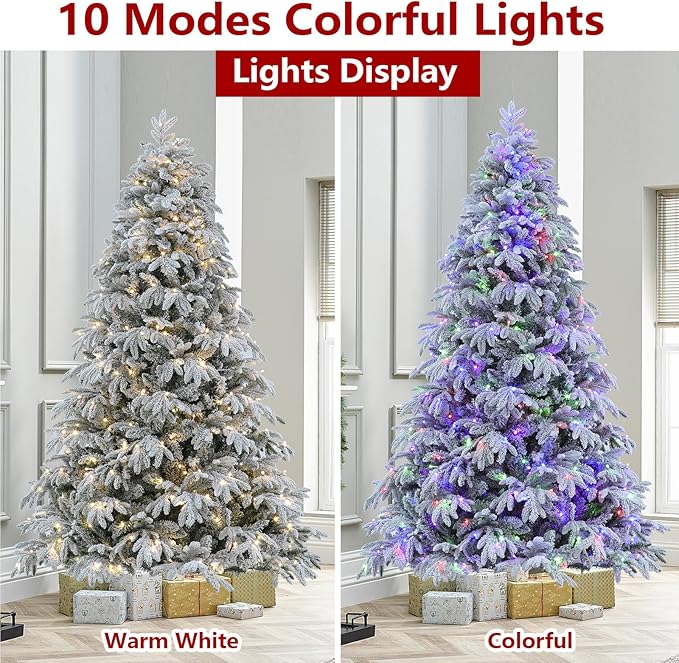 Flocked Spruce Artificial Christmas Tree - 7.5 ft Prelit with 10 Functions Colorful Lights & 2700 Realistic Tips, Firm Metal Stand & 400 Lights, Easy Assembly