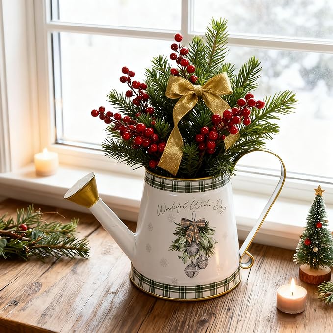 Vintage Metal Christmas Watering Can Decor - Wonderful Winter Days Design with Bell Wreath, Rustic Farmhouse Watering Pot Garden Decorative Planter for Holiday Home Mantel Tabletop Xmas Decor