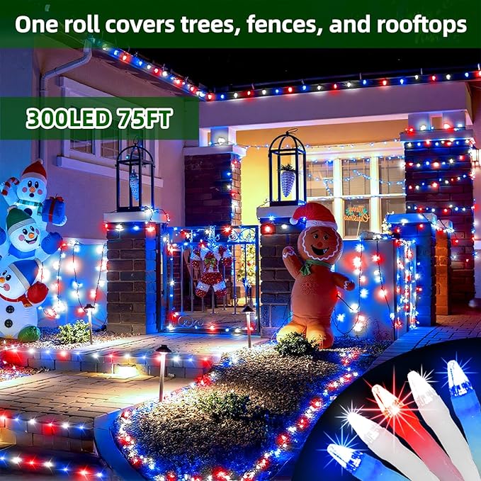 300LED Chrstmas Lights, 75ft Indoor Outdoor Christmas String Lights with 12 Modes, Red White and Blue Christmas Tree Lights with Timer Dimmable Connectable for Fence Garden Xmas Wedding Party Decor