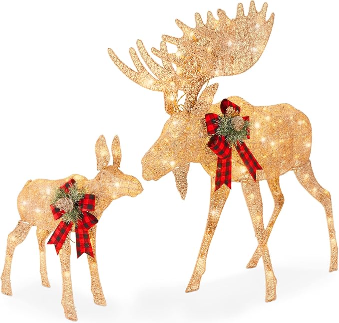 Best Choice Products 2-Piece Moose Family, Lighted Outdoor All-Weather Christmas Yard Decoration Light-Up Décor Set w/ 170 LED Lights, Ground Stakes, Zip Ties - Gold