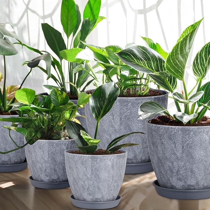 Set of 8 Plastic Planter, 10/9/8/7.5/6.5/5.7/5/4inch Plastic Planter, Flower Pot Indoor Decorative Large Plant Pot, Plant Pots Indoor with Drainage and Saucer for All House Plants (Set of 8)