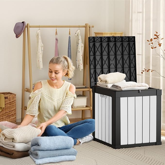 DRATO 50 Gallon Deck Box, Outdoor Storage Box for Patio Cushion, Garden Tools, Waterproof Patio Storage box, Lockable (Black and White)