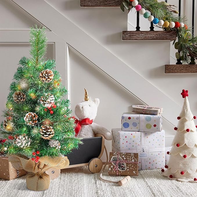 Uten Mini Pine Cone and Nut 2FT Artificial Tree with Semi-Circular Base - Small Christmas Tree for Home, Office, Party