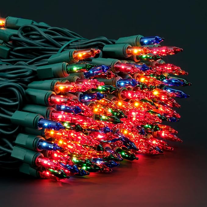 YULETIME 200 Multicolor Christmas Lights, Pack of 2 Strands of 21 ft 100 Count UL Certified Incandescent Mini String Light (Multicolor - Green Wire)