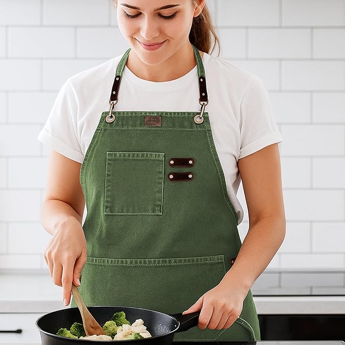 LEATHER VILLAGE Chef Aprons for Men Women with Large Pockets, Cotton Canvas Cross Back Adjustable Work Apron, Size M to XXL