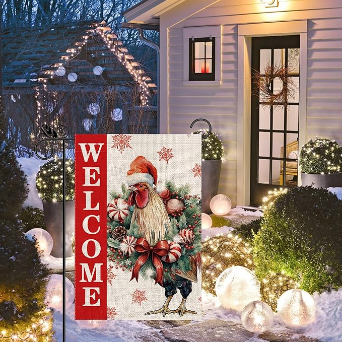 Christmas Garden Flag Welcome Xmas Chicken Winter Holiday Decorations Burlap Vertical Double Sided Farmhouse Yard Lawn Outdoor Decor 12.5 x 18 Inch