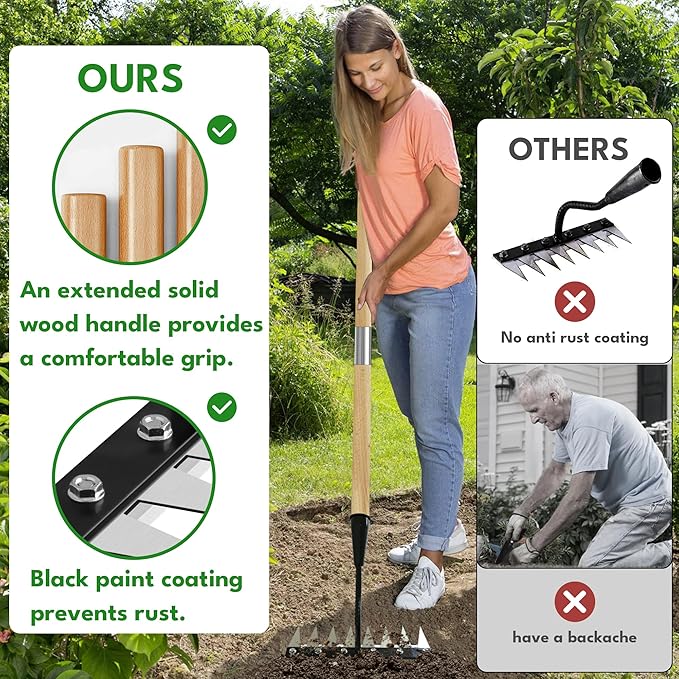 Iron Weeding Rake with Handle 2.0, 2025 Upgraded 8 Teeths Garden Weed Puller Tool Heavy Duty Gardening Tool for Lawn, Flower Beds & Soil Aeration