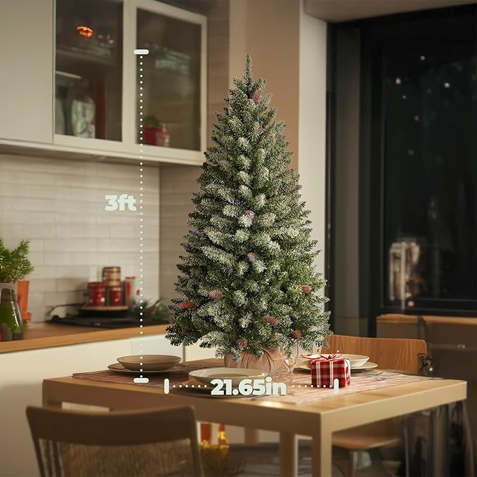 3FT Mini Christmas Tree,Tabletop Christmas Tree with Cloth Bag Base and Colorful LED Light, Christmas Decorative Artificial Tree