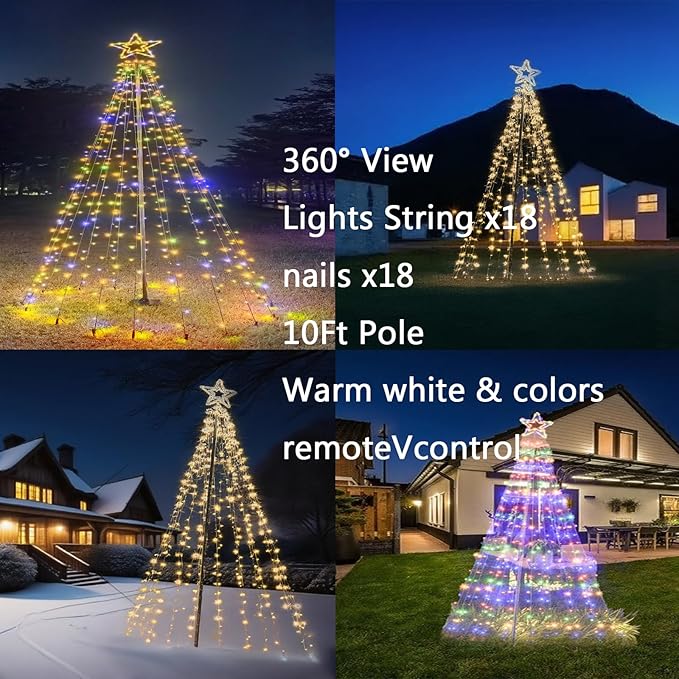 Christmas Decorations Christmas Tree Lights 10Ft Outdoor Star Lights Decor Waterproof Warm White & Multicolor
