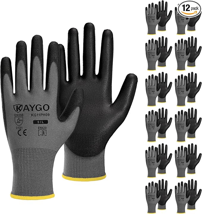 KAYGO Safety Work Gloves PU Coated-12 Pairs KG11PB Seamless Knit Glove with Polyurethane Coated Smooth Grip on Palm & Fingers for Men and Women, Gray,Large
