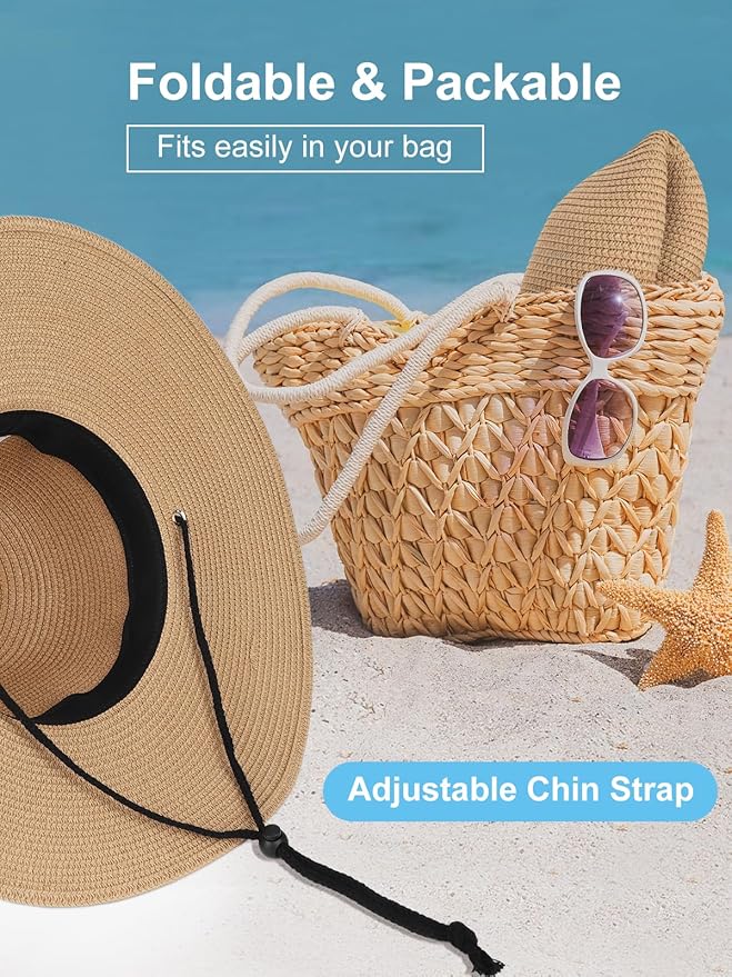 Senker Fashion Sun Hats for Women, Wind Lanyard Wide Brim Straw Hat for Summer Beach Garden Vacation Foldable UPF 50+