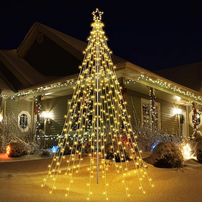 Lomotech Christmas Tree Lights - 10Ft 404 LED with 7.08" Topper, Remote Controll Waterproof Iron Pole Waterfall Lights for Outdoor Christmas Decorations (Warm White)