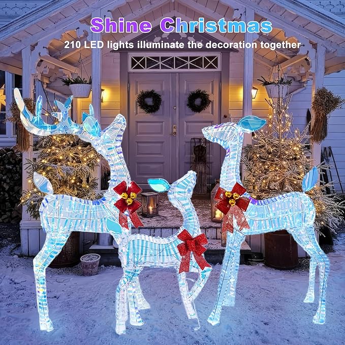 50" Outdoor Lighted Iridescent Reindeer Christmas Decorations, 3-Piece Reindeer Family Set with 210 LEDs, Ground Stakes, Durable Weatherproof Metal Frame for Yard, Garden, Indoor Holiday Decor