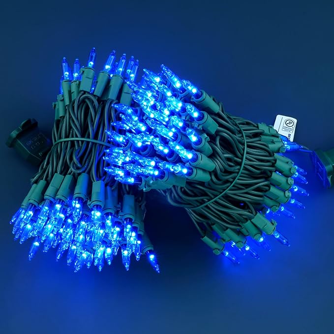 YULETIME 200 Blue Christmas Lights, Pack of 2 Strands of 21 ft 100 Count UL Certified Mini String Light (Blue - Green Wire)