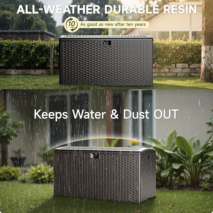 73 Gallon Deck Box, Double Layer Waterproof Resin Outdoor Indoor Storage Box, Lockable & UV Resistant Storage Bin for Patio Furniture, Garden Tools, Pool Accessories (Brown)