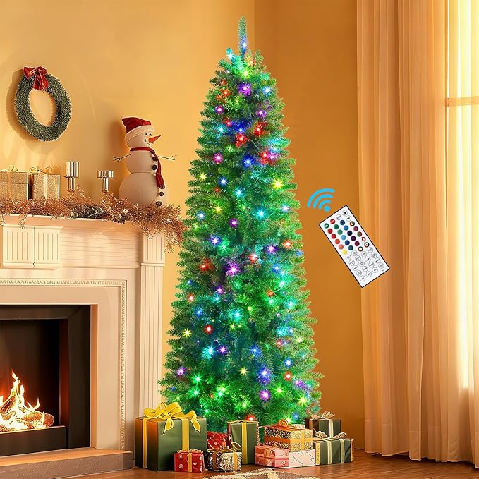 Shareconn RGB 7ft Prelit Artificial Christmas Tree with Remote Control, Multi-Color LED Changing RGB Lights, Perfect Choice Decoration for Xmas Holiday 7.5 FT Pre-Lit Pencil Tree, Green