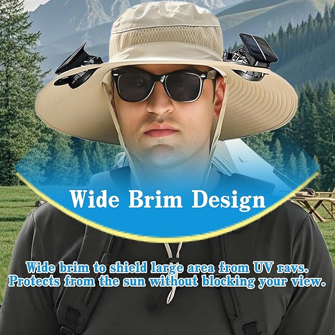 Solar Fan Hat Wide Brim Solar Fan Outdoor Fishing Hat Solar Powered Fan Sun Hat with 2 Removable Fans for Hiking Gardening