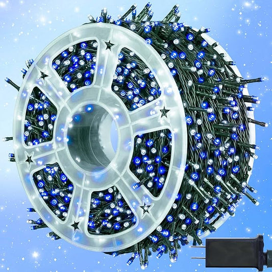 kemooie 500 LED Christmas String Lights, 164FT 8 Lighting Mode with Memory Plug in Green Wire Waterproof Lights, for Outdoor Birthday Christmas Party Garden Balcony Decorations (Blue and White)