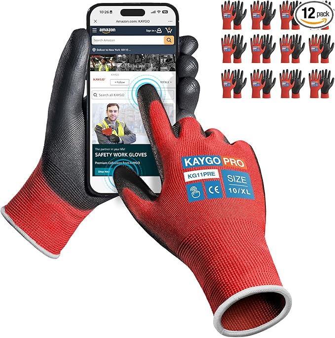 KAYGO Safety Work Gloves PU Coated for Men and Women- KG11P,12 Pairs,Seamless Knit Glove with Two Fingers Touchscreen,Ideal for General Duty Work (Red,XL)