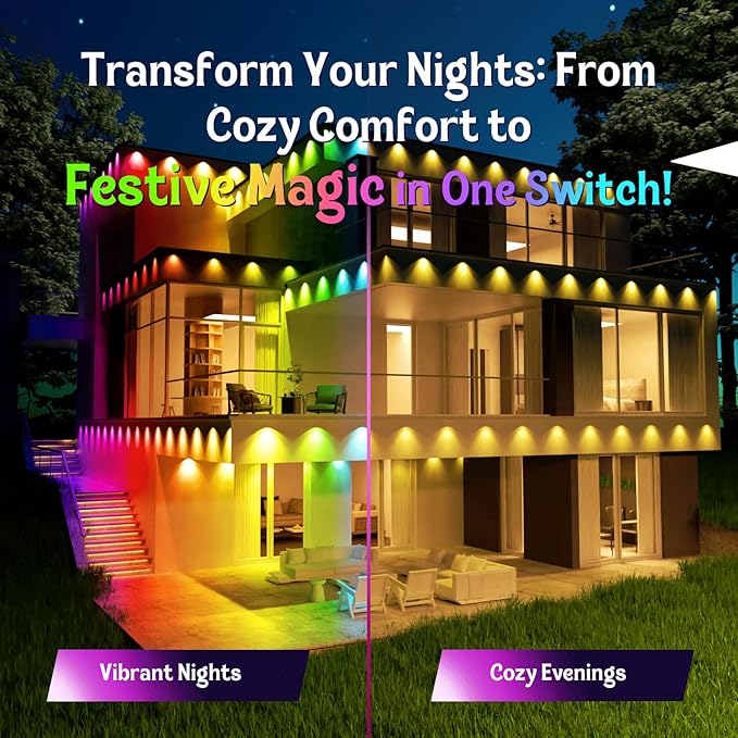 HUTAKUZE Permanent Outdoor Lights, 150ft RGB Outdoor Christmas Lights with 90 LED Light, IP67 Waterproof LED Eaves Light, DIY Scene Modes for Halloween and Holiday Decor, Smart APP & Remote Control