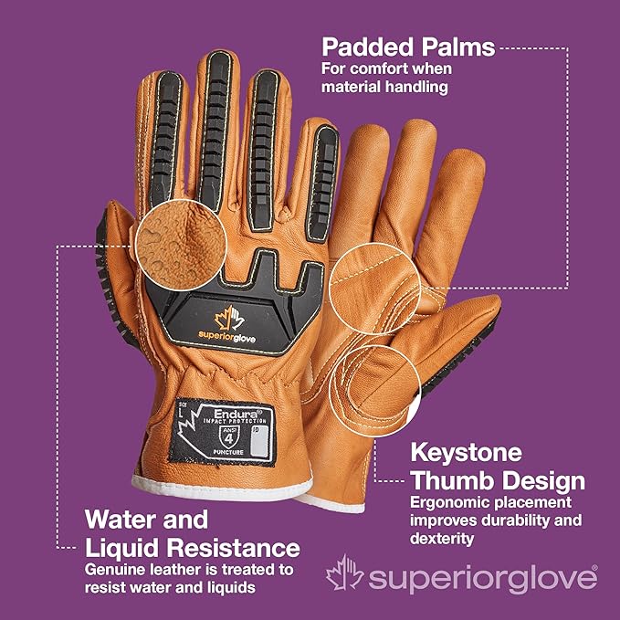 Superior Glove Endura Impact and Water Resistant Leather Work Gloves for Hand Safety Protection - 378GKVSB Medium (Pack of 1 Pair)