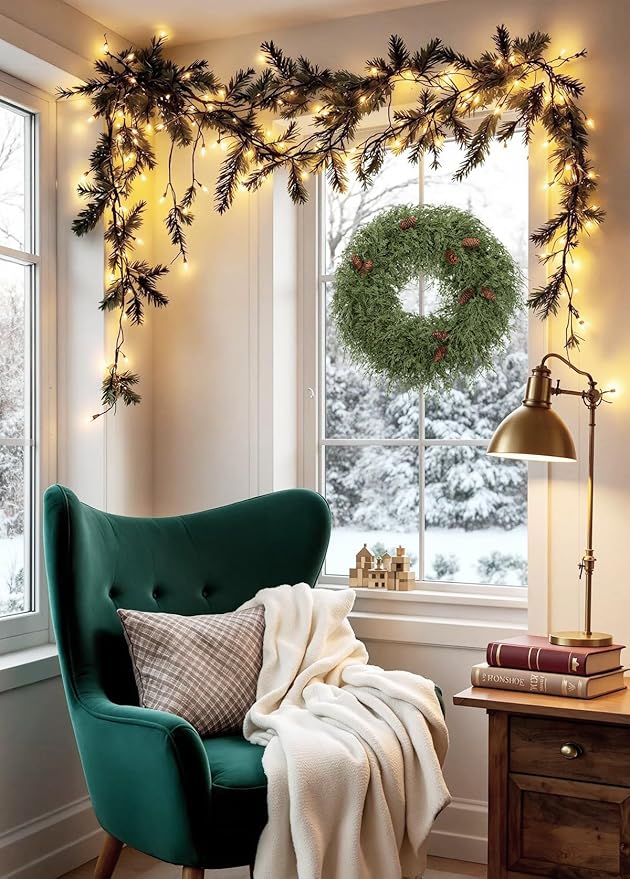 24 inch Christmas Wreath for Front Door, Real Touch Cedar Wreath with Pinecones Large Christmas Door Wreaths Artificial Hanging Pine Wreath for Xmas Indoor Outdoor Windows Holiday Decorations