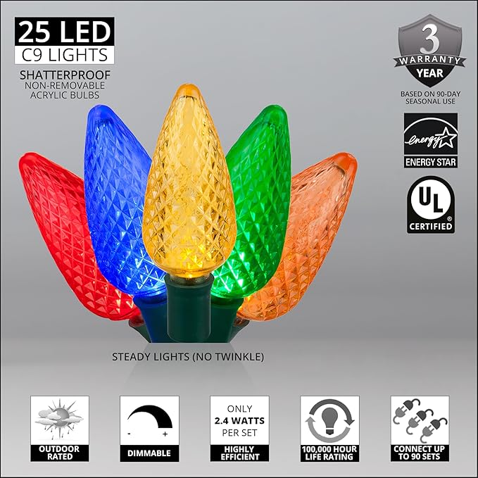 Wintergreen Lighting 25 C9 Multicolor LED Christmas Lights, 17 Ft – Outdoor C9 Christmas Lights for Holiday, Party, and Yard Decor