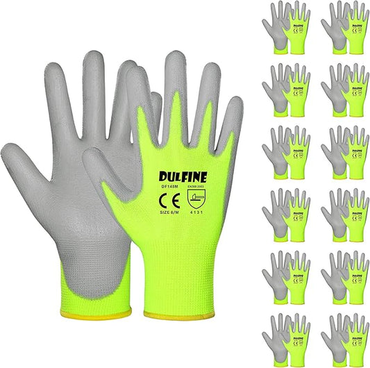 DULFINE Safety Work Gloves for Men PU Coated 12 Pairs Bulk Pack,Hi-Vis Yellow Seamless Knit Glove with thin Polyurethane Coated Smooth Grip on Palm & Fingers,Ideal for General Duty Work X-(Small)