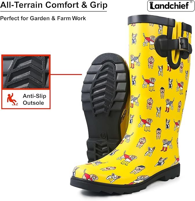 landchief Rain Boots for Women, Waterproof Ladies Tall Knee High Rubber boots,Comfort Garden Boots Anti-Slip Mid Heel Women Rain Shoes Outdoor