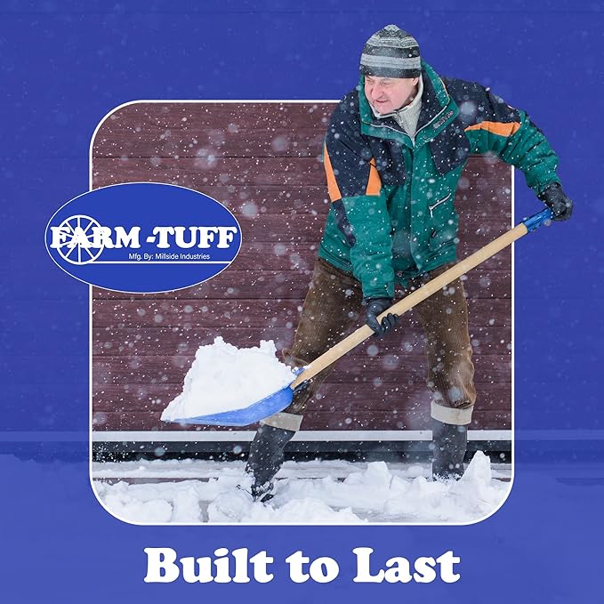 Farm-TUFF Heavy Duty Multi-Purpose Shovel - Snow, Barn, Grain, Industrial Use - Large Non-Stick Blade & Ash Hardwood D-Grip Handle - Durable & Lightweight Utility Scoop - Blue, 18in