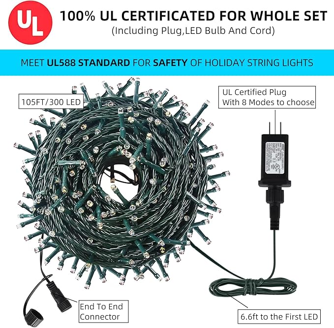 105FT 300LEDs Christmas Lights Outdoor Indoor 8 Modes for Christmas Tree Party Decoration, 100% UL Listed (Warm White)