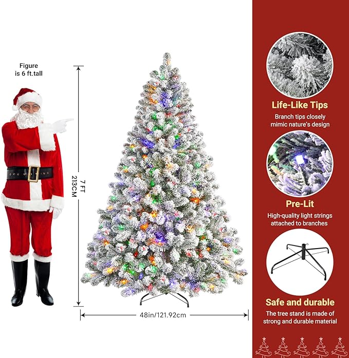 SHareconn 7ft Pre-Lit Flocked Spruce Artificial Hinged Christmas Tree with Remote, Timer and 400 Warm White & Multi-Color Lights, 1062 Branch Tips, Perfect Choice for Xmas Decoration, 7 FT, White