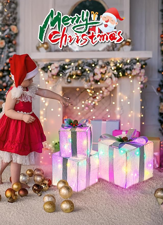 3 Pieces Foldable Christmas Decorations Lighted Gift Boxes, 12" 10" 8" with 60 Pre-Lit Mini String Lights，LED Xmas Gift Boxes with Bows for Tree Indoor Outdoor Holiday Party Yard Home Decor