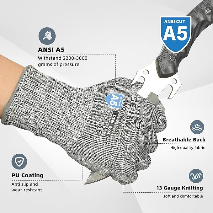 Schwer 12 Pairs ANSI A5 Cut Resistant Work Gloves, Cut Proof Gloves with PU Coating, Used for Metal Fabrication, WoodWorking, Construction, Non Slip, Durable, M, CR3088