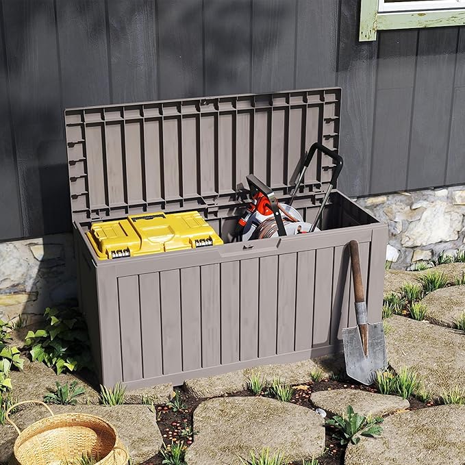 TARKARI 90 Gallon Lockable Resin Deck Box with Wheels, Waterproof & UV-Resistant Outdoor Storage Box for Outdoor Cushion Storage, Garden Tools & Pool Accessories Storage, Gray