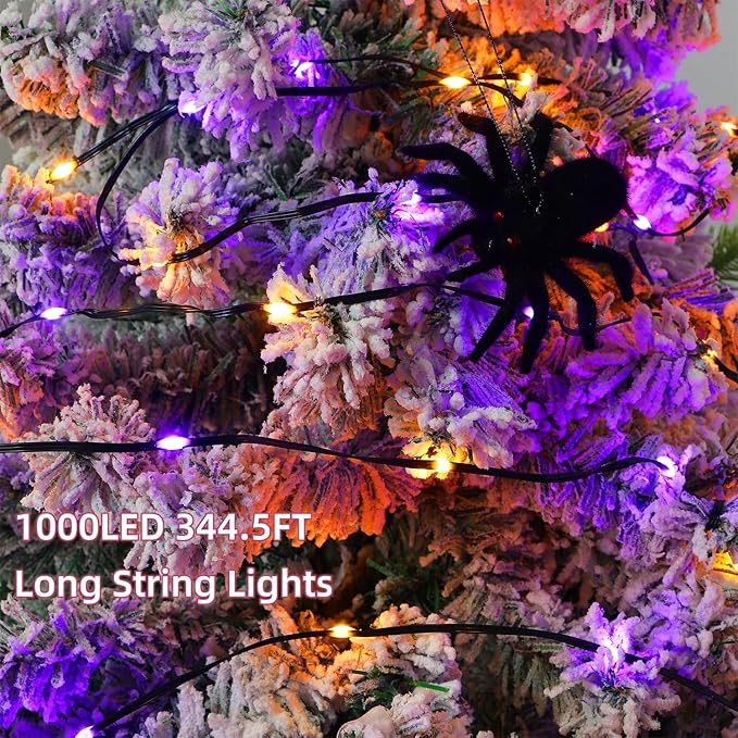 LJLNION 1000 LED Halloween Lights, 328FT Long Outdoor Fairy String Lights, Waterproof IP65 Green PVC Copper Wire Lights, 8 Lighting Modes Plug in for Xmas Home Yard Garden Party Decor, Orange&Purple