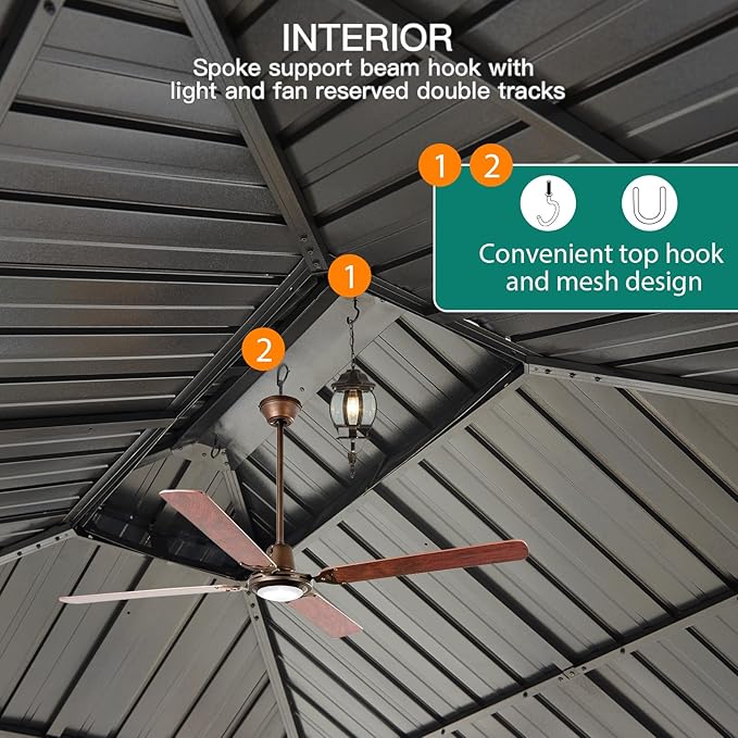 10X12 FT Outdoor Galvanised Steel Hardtop Gazebo, Heavy Duty Double Roof Outdoor Gazebo with Netting and Sunshade Curtains, Aluminium Framed Gazebo for Patio, Terrace, Lawn and Deck, Grey