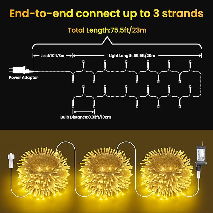 Color Changing Christmas Lights, 75ft 200 LED Warm White & Multicolor Christmas String Lights with Remote, 11 Modes Christmas Twinkle Lights for Christmas Party, Garden, Holiday, Xmas Tree Decorations