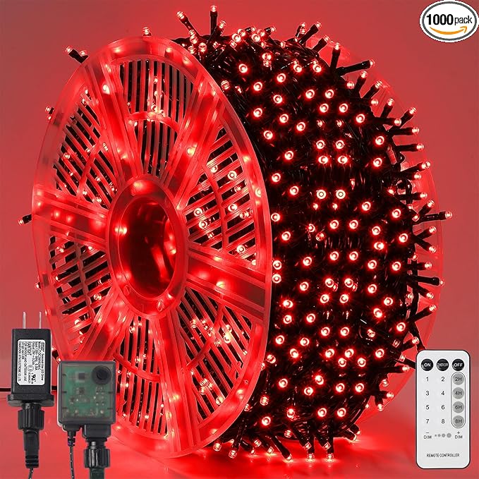 WATERGLIDE 1000 LED Christmas String Lights, 328 FT Green Wire LED Decorative Fairy Lights with Remote & 8 Modes, Waterproof for Outdoor Valentines Holiday Party Garden Wedding Home Decor, Red