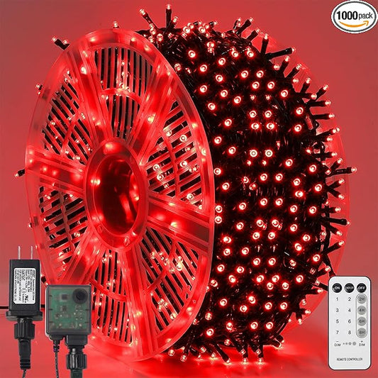 WATERGLIDE 1000 LED Christmas String Lights, 328 FT Green Wire LED Decorative Fairy Lights with Remote & 8 Modes, Waterproof for Outdoor Valentines Holiday Party Garden Wedding Home Decor, Red