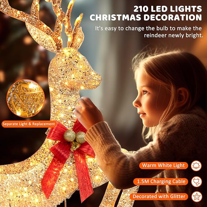 3-Piece Lighted Reindeer Christmas Decoration with 210 Warm White LED Lights, 5FT 3D Glittered Christmas Deer Family Set Outdoor Decorations, Plug in Deer Decor for Lawn Yard Patio Garden